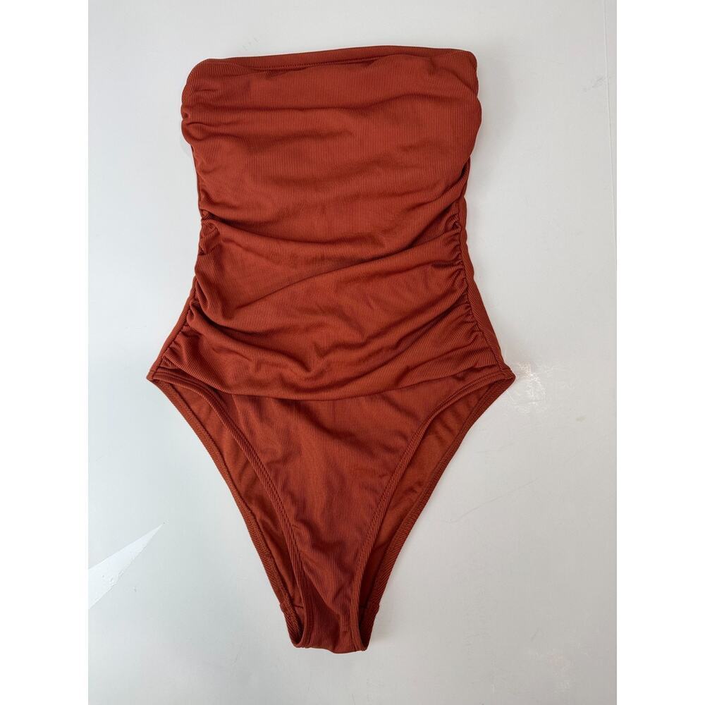 Shade & Shore Shirred One-Piece Swimsuit Strapless Rust Color Ribbed XS 0/2 - Picture 2 of 6